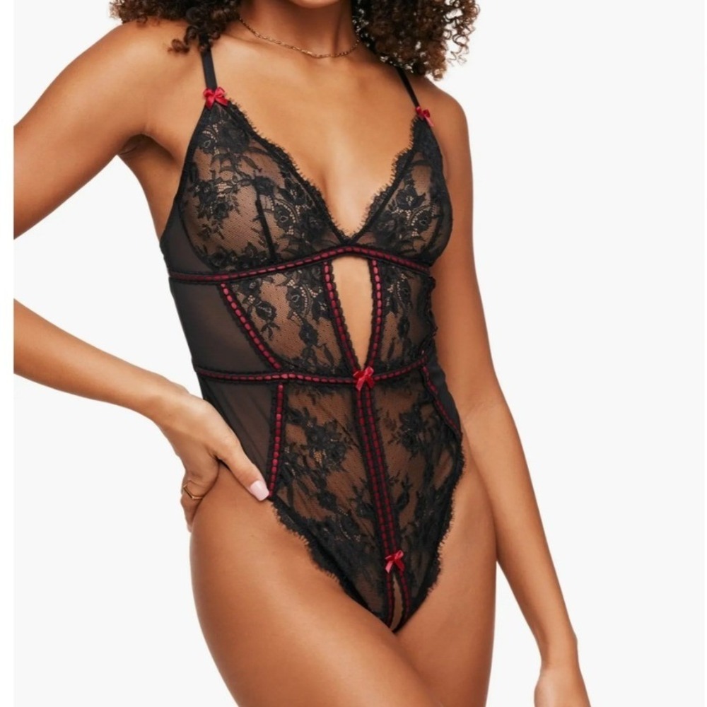 Adore Me Laylia lace teddy bodysuit XL black red NWT sheer keyhole lingerie